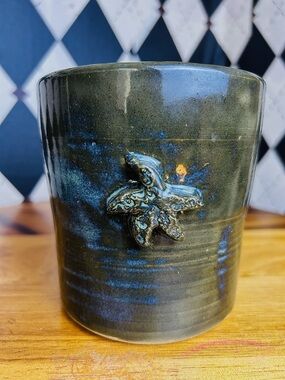 Coastal Starfish Studio Pottery Planter Vase Green Blue Glaze Ceramic Signed